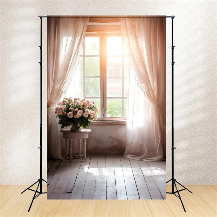 Pink Flower Blue Curtain Retro RV Spring Backdrop
