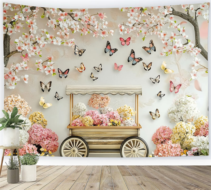 Spring Flower Backdrop Blossoming Cherry Butterfly Cart Backdrop LXX1-