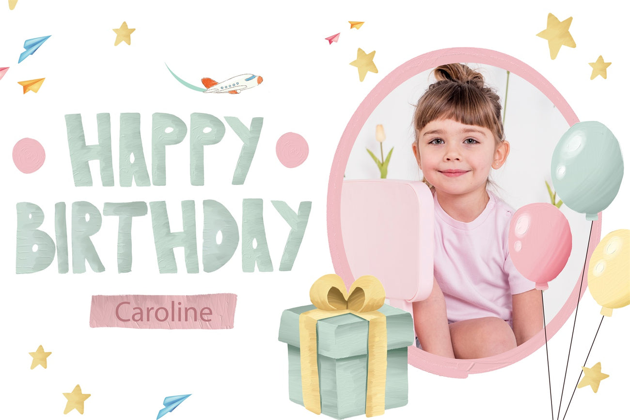 Cartoon Plane Circle Happy Birthday Backdrop