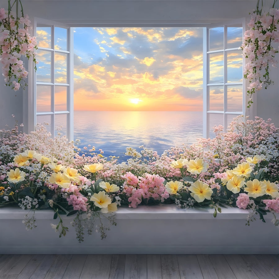 Springtime Window View Spring Backdrops Photography Floral Window View Sunset Backdrop LXX1-7