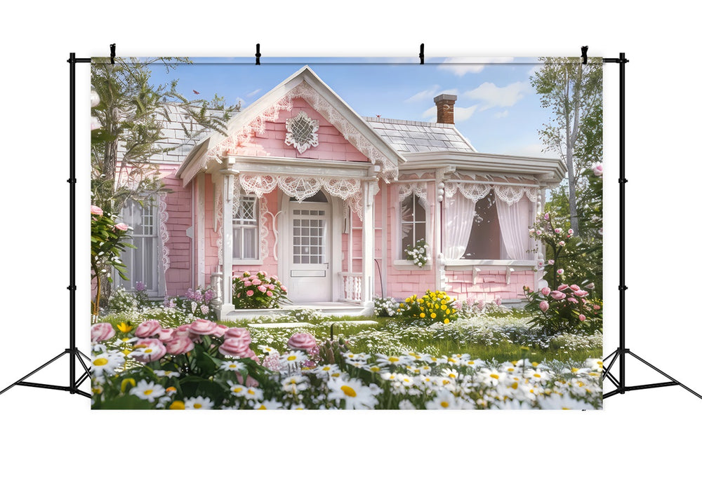 Springtime Backdrop Pink Cottage Blooming Garden Photography Backdrop