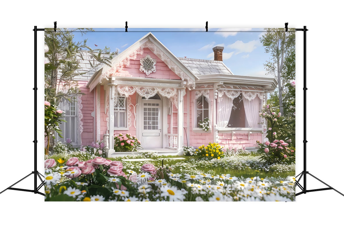 Springtime Backdrop Pink Cottage Blooming Garden Photography Backdrop