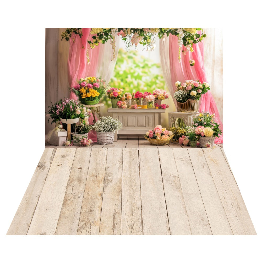Spring Color Backdrop Decorations Spring Blooming Florist Shop Backdrop+White Plank Floor Backdrop LXX2-