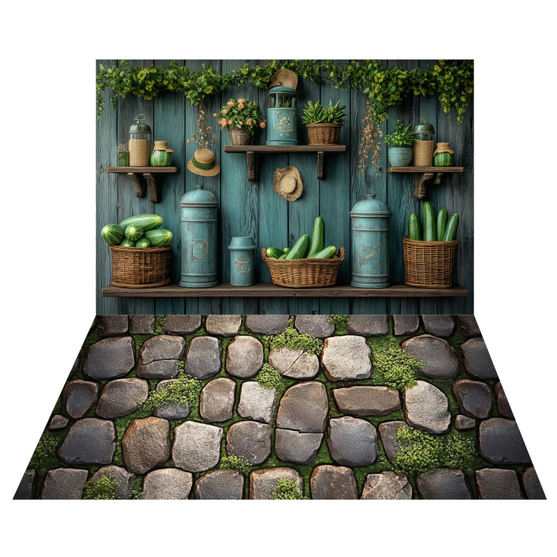 Kitchen Backdrop Stone Sample Spring Kitchen Shelves Backdrop+Rustic Stone Floor Backdrop LXX2-22