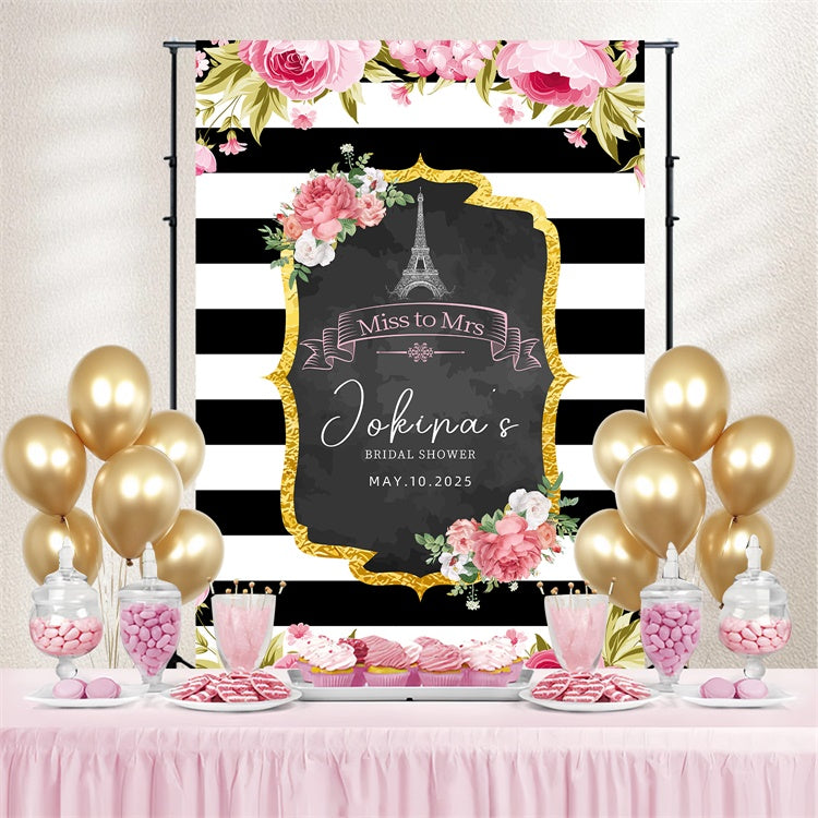 Customized Bridal Shower Backdrop Striped Floral Gold Frame Backdrop LXX3-122