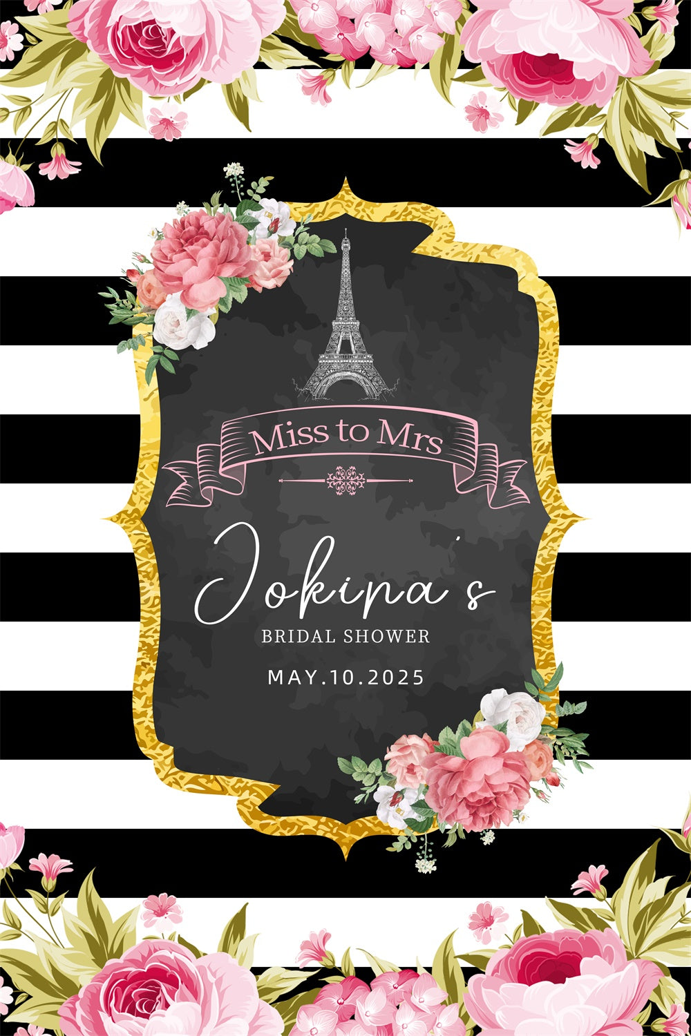 Customized Bridal Shower Backdrop Striped Floral Gold Frame Backdrop LXX3-122
