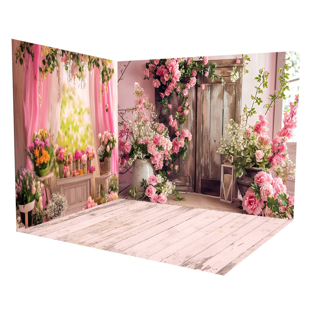 Small Room Backdrop Pink Floral Wooden Door Backdrop Room Set LXX3-13