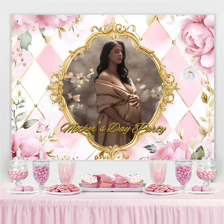 Backdrop For Mothers Day Golden Frame Floral Personalized Backdrop LXX3-90