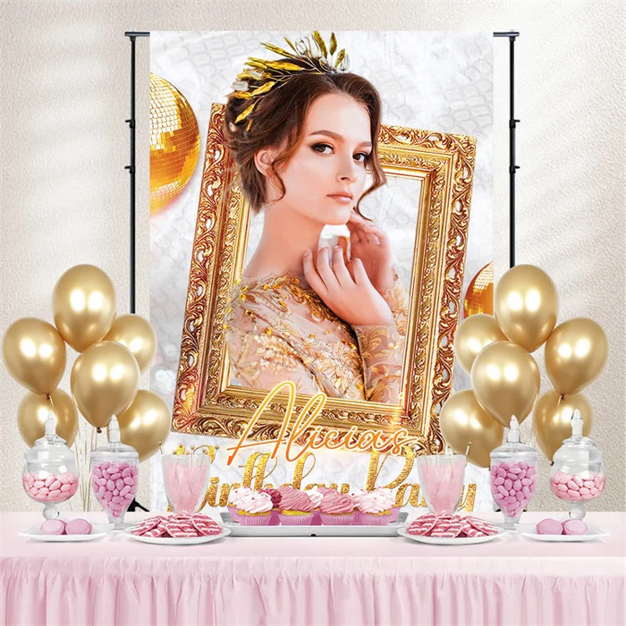 Customize Backdrop For Birthday Elegant Golden Frame Backdrop LXX4-10