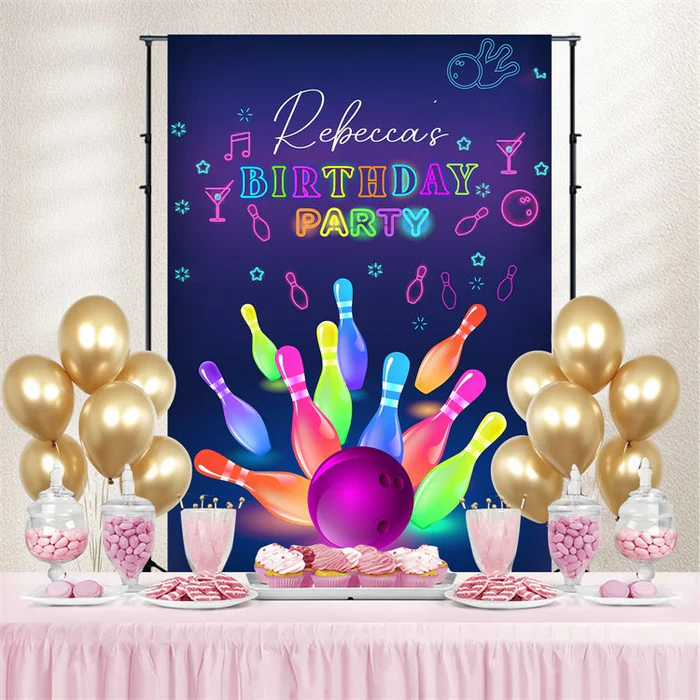 Custom Happy Birthday Backdrop Neon Bowling Party Fun Backdrop LXX4-12