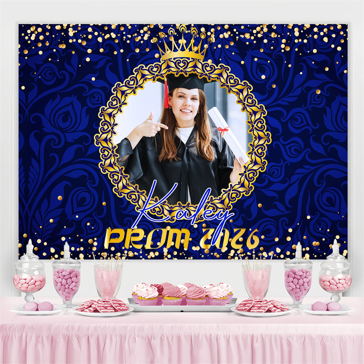 Prom 2026 Backdrop Opulent Blue Gold Graduation Party Backdrop LXX4-18