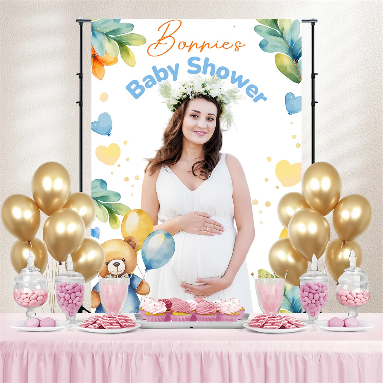 Baby Shower Photo Backdrop Teddy Bear Balloons Personalised Backdrop LXX4-184