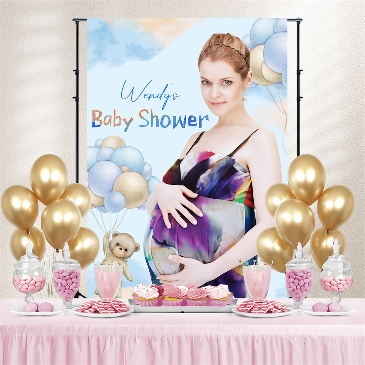 Teddy Bear Baby Shower Backdrop Balloon Cloud Custom Backdrop LXX4-185