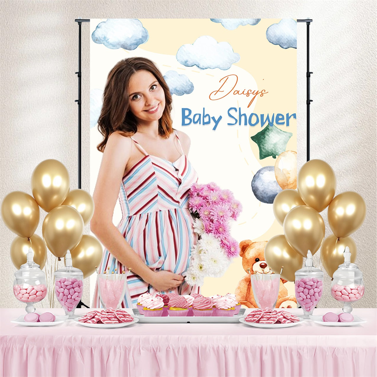 Teddy Bear Backdrop Baby Shower Floating Clouds Balloon Customized Backdrop LXX4-187