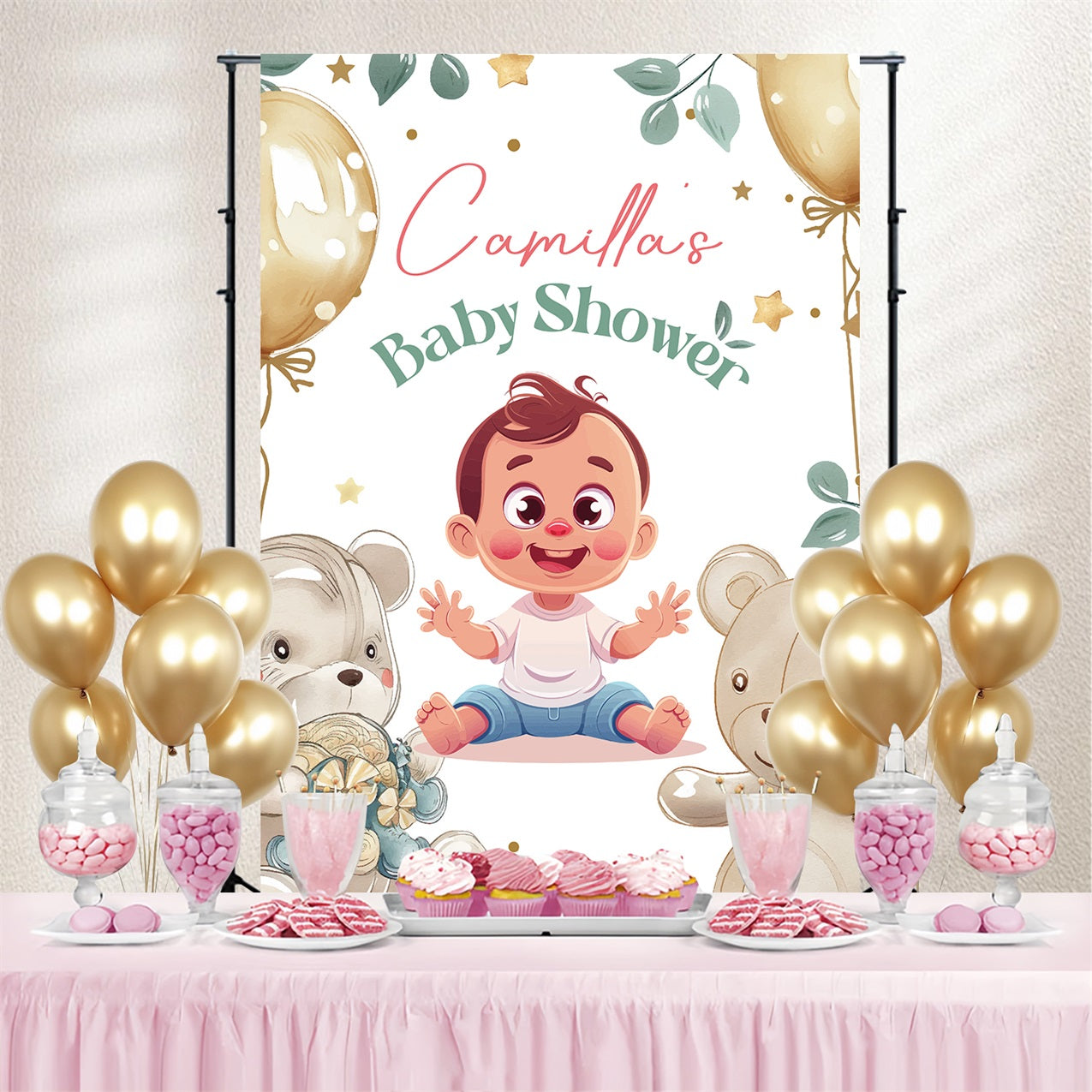 Boy Baby Shower Backdrop Balloon Teddy Bear Personalised Backdrop LXX4-188
