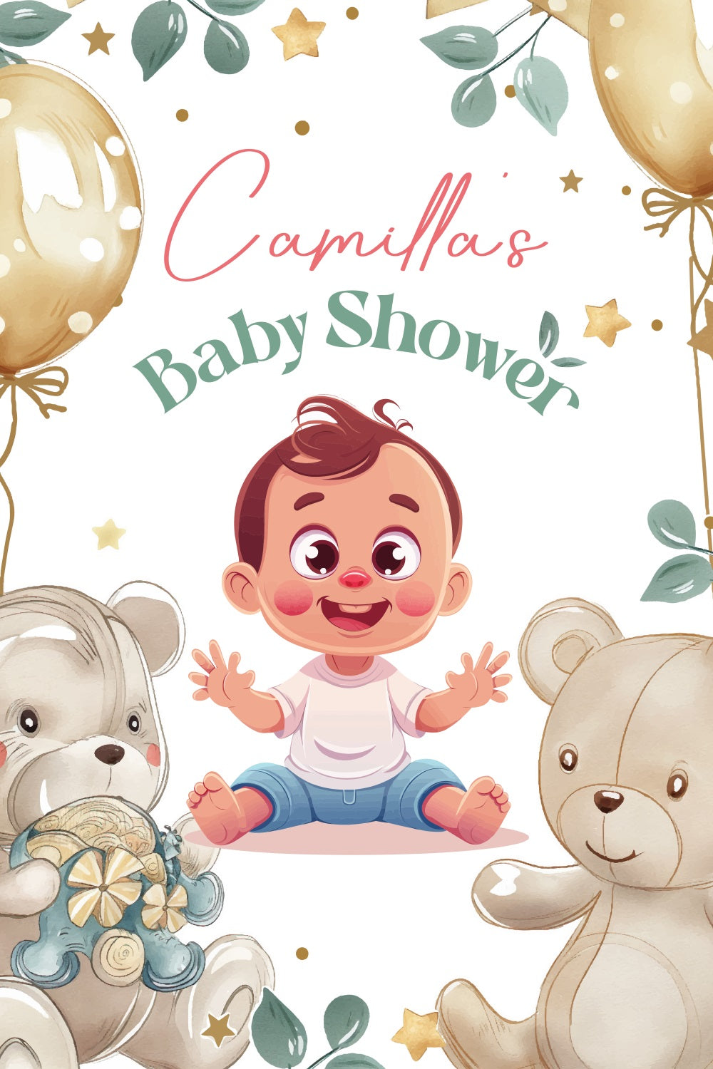 Boy Baby Shower Backdrop Balloon Teddy Bear Personalised Backdrop LXX4-188