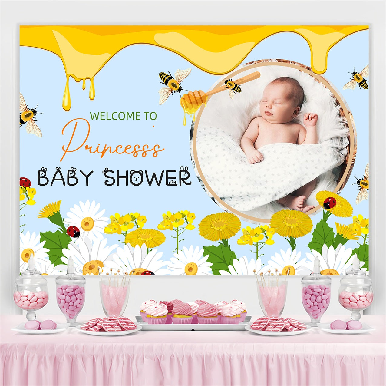 Backdrop For Baby Girl Shower Bee And Bloom Welcome Customized Backdrop LXX4-200
