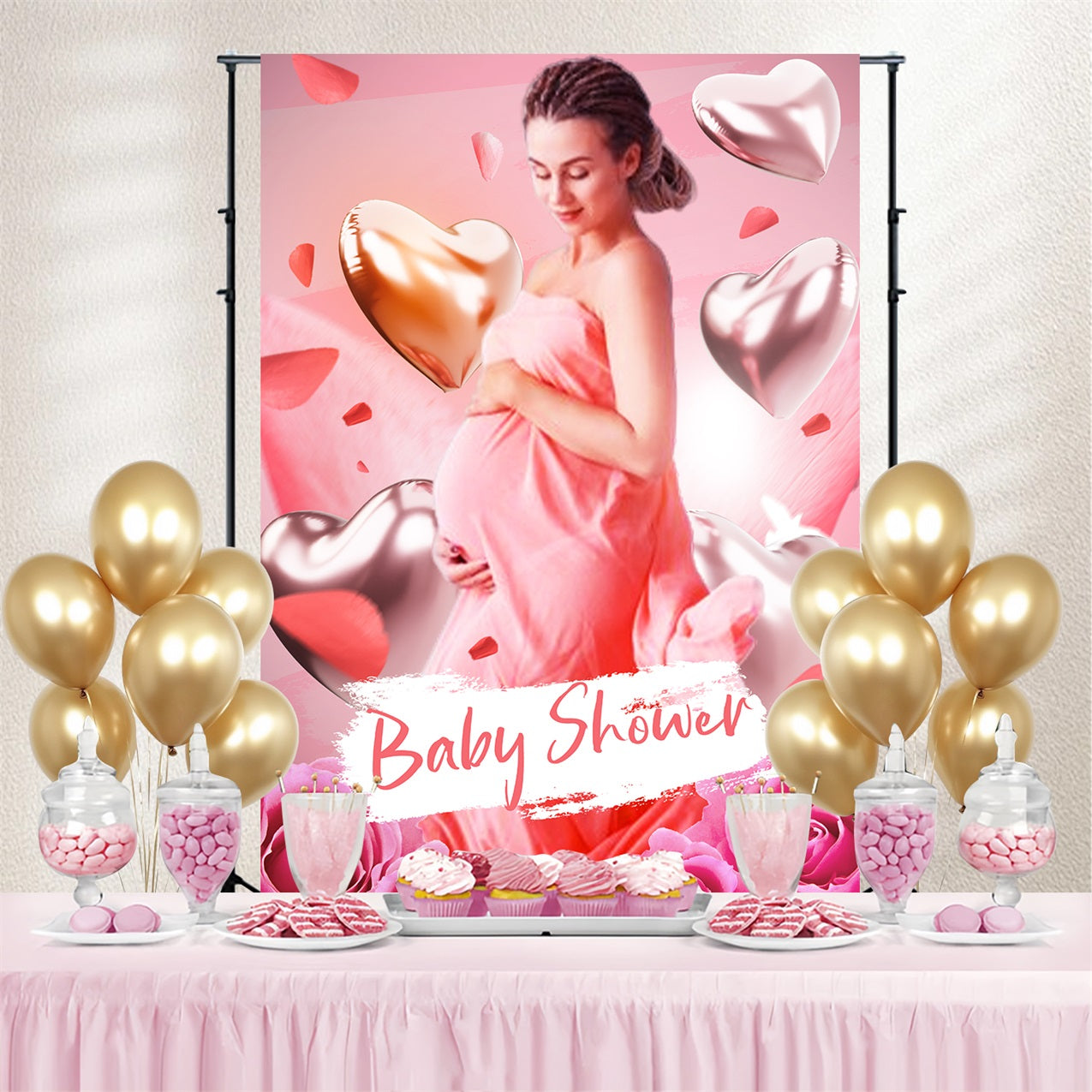 Baby Shower Party Backdrop Heart Balloon Rose Personalised Backdrop LXX4-205