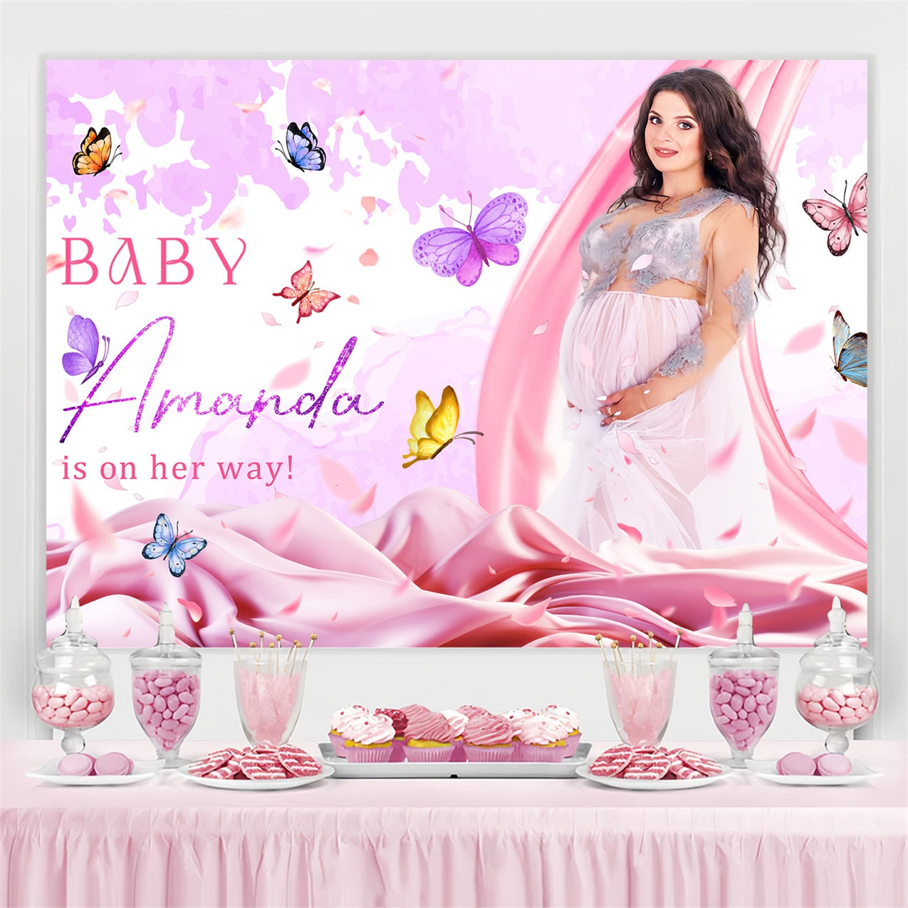 Girl Baby Shower Backdrop Butterfly Garden Arrival Personalized Backdrop LXX4-208