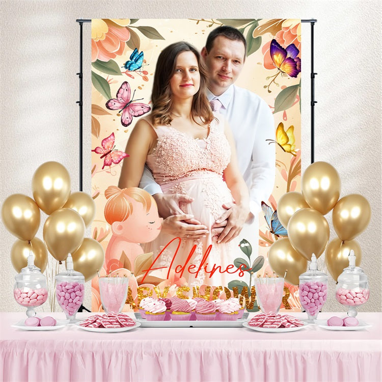 Baby Shower Backdrops Girl Glow Butterfly Flowers Personalised Backdrop LXX4-210