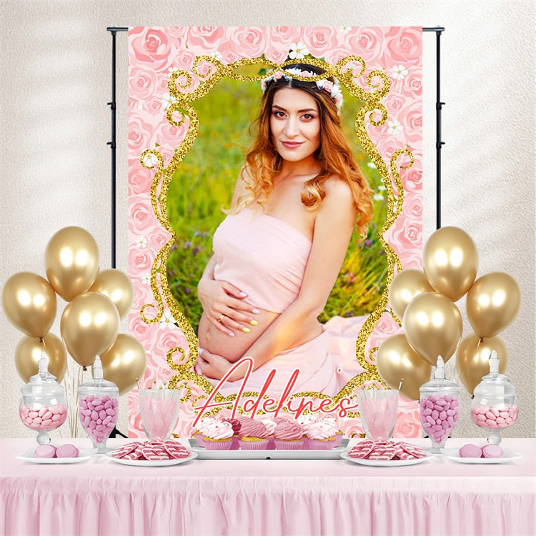 Backdrop Baby Shower Girl Pink Rose Gold Frame Custom Backdrop LXX4-211