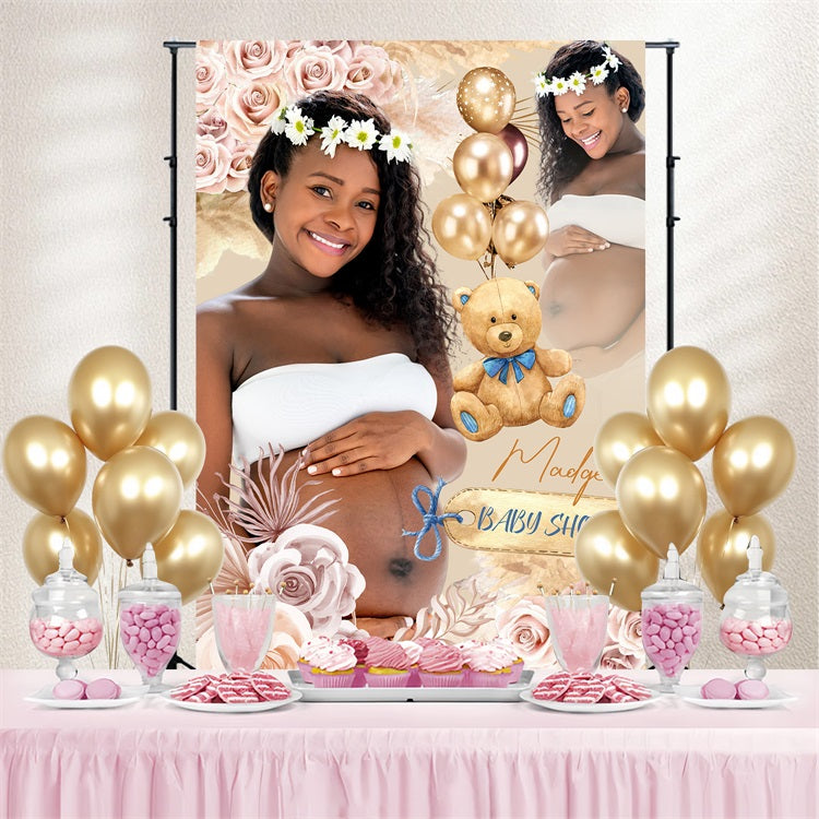 Boho Backdrop Baby Shower Blossoms Teddy Bear Customized Backdrop LXX4-213