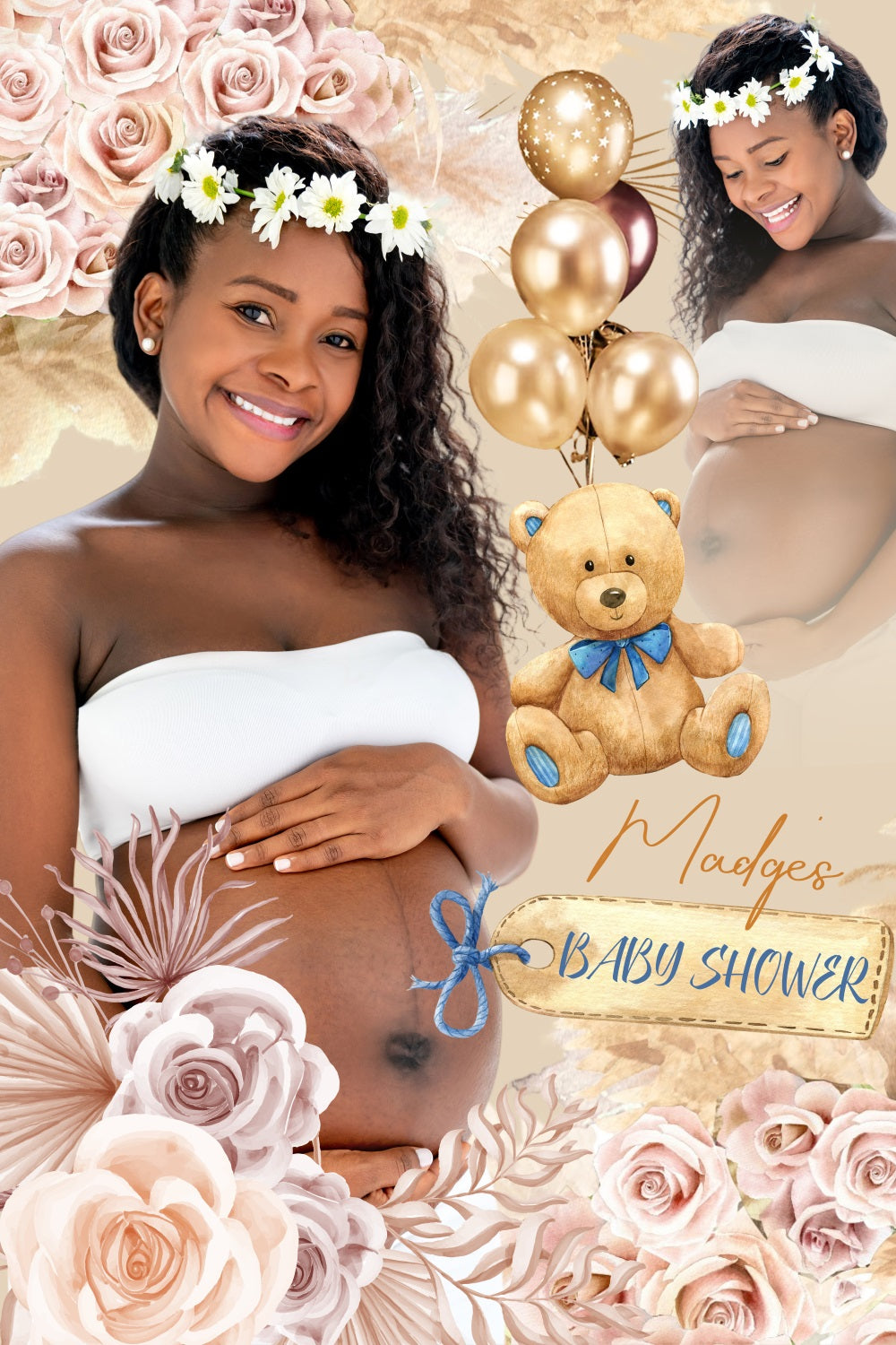 Boho Backdrop Baby Shower Blossoms Teddy Bear Customized Backdrop LXX4-213