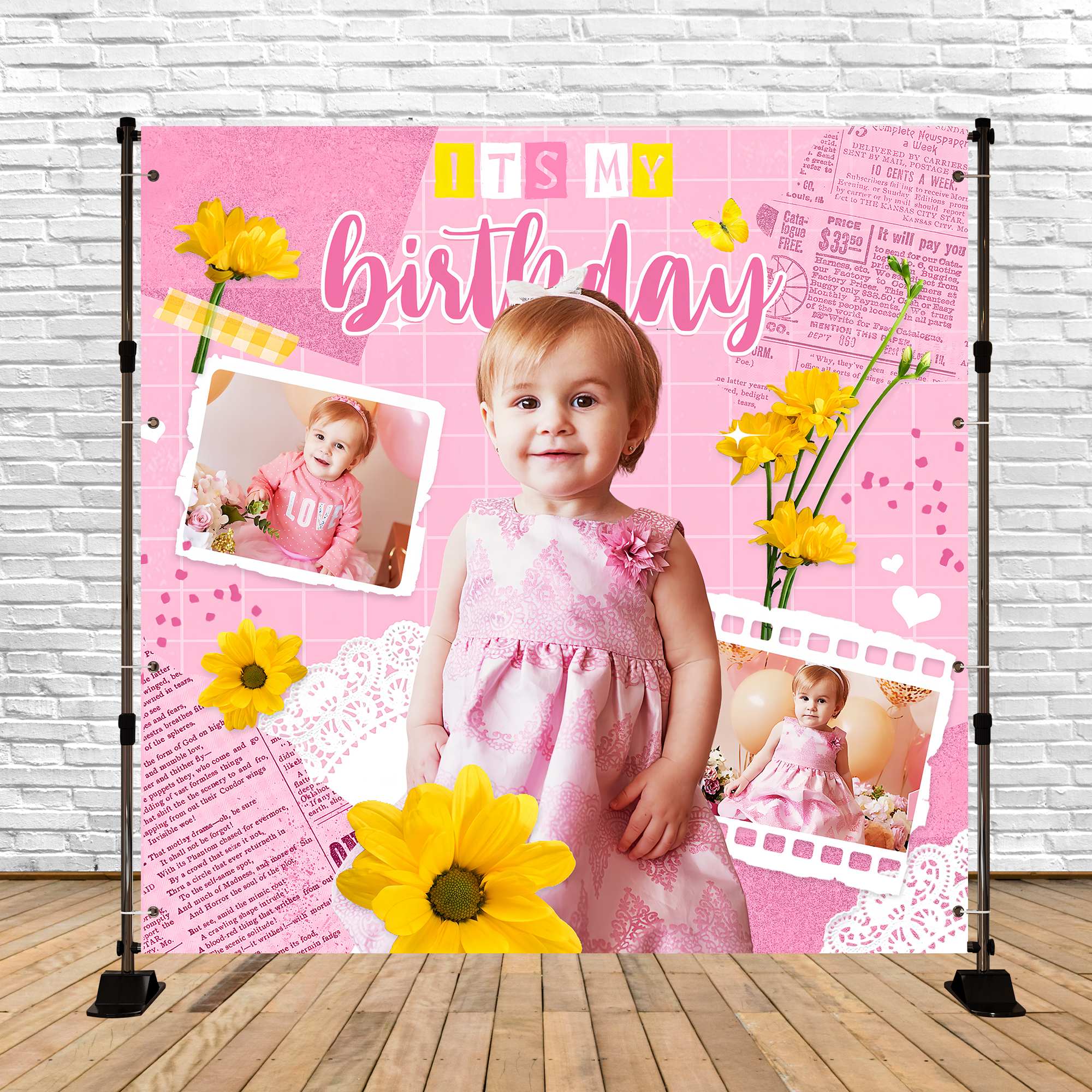 Backdrop For Birthday Pink Scrapbook Flower Personalized Backdrop LXX5-104