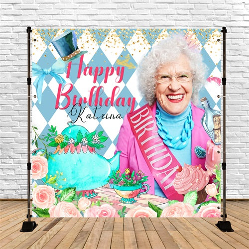 Customized Birthday Backdrop Tea Party Floral Personalised Backdrop LXX5-131