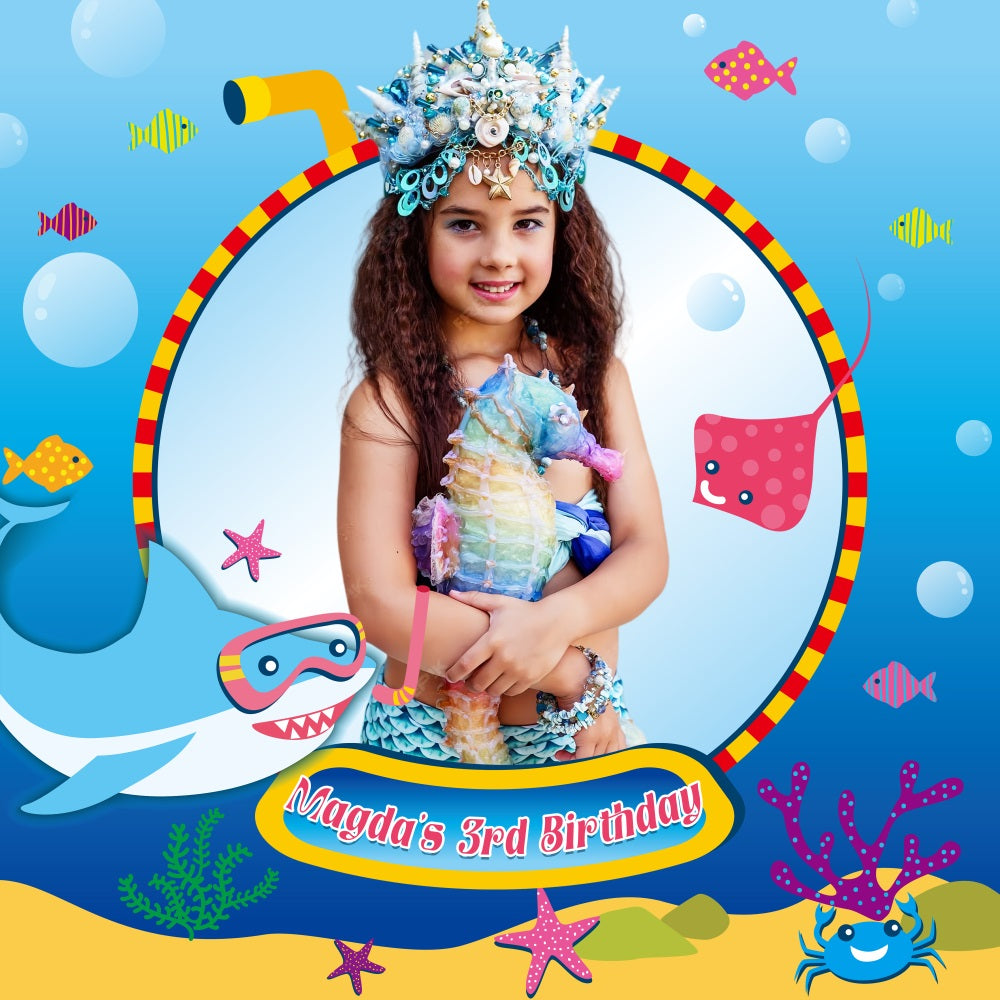 Baby Shark Birthday Backdrop Shark Seascape 3rd Mermaid Personalized Backdrop LXX5-133