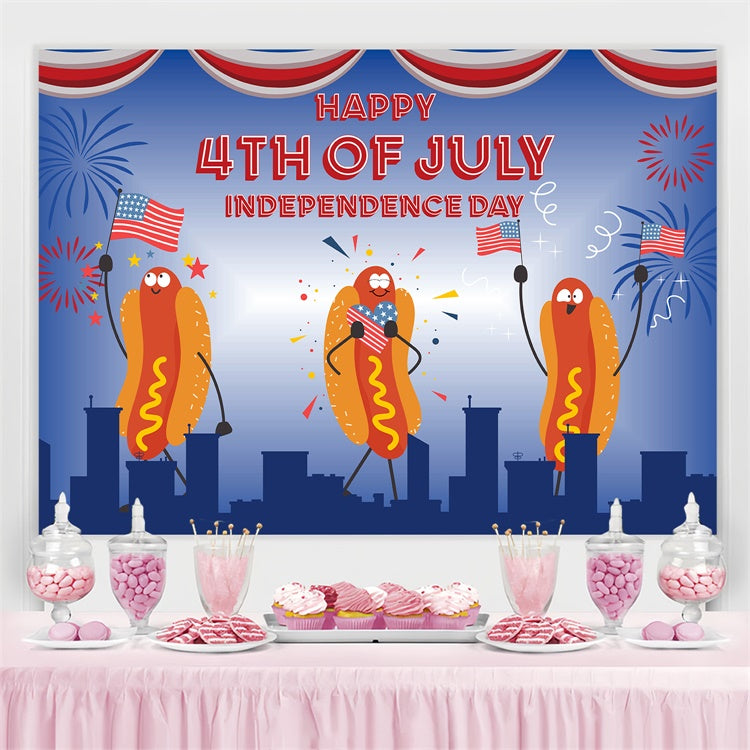 4th of July Photo Backdrop Dancing Hotdogs Flag Fireworks Backdrop LXX5-69