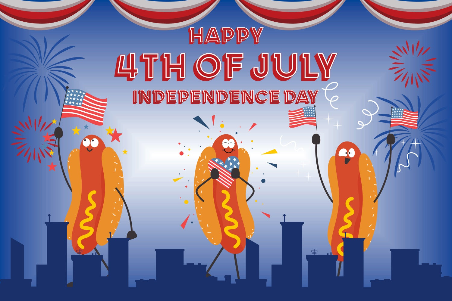 4th of July Photo Backdrop Dancing Hotdogs Flag Fireworks Backdrop LXX5-69