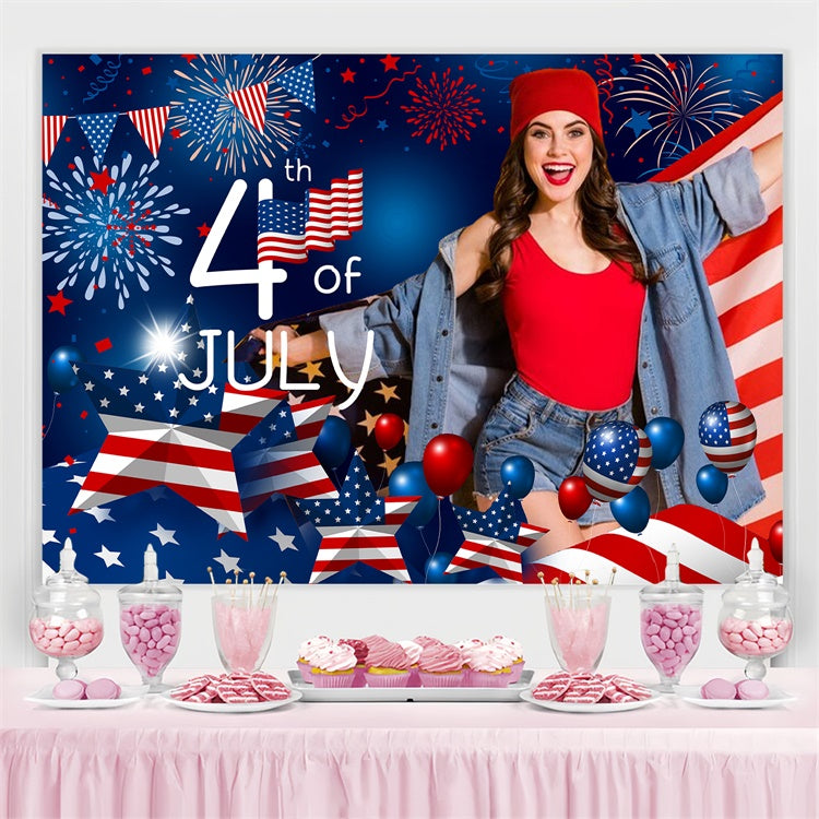 4th of July Firework Backdrop Festive Flag Balloons Custom Backdrop LXX5-80