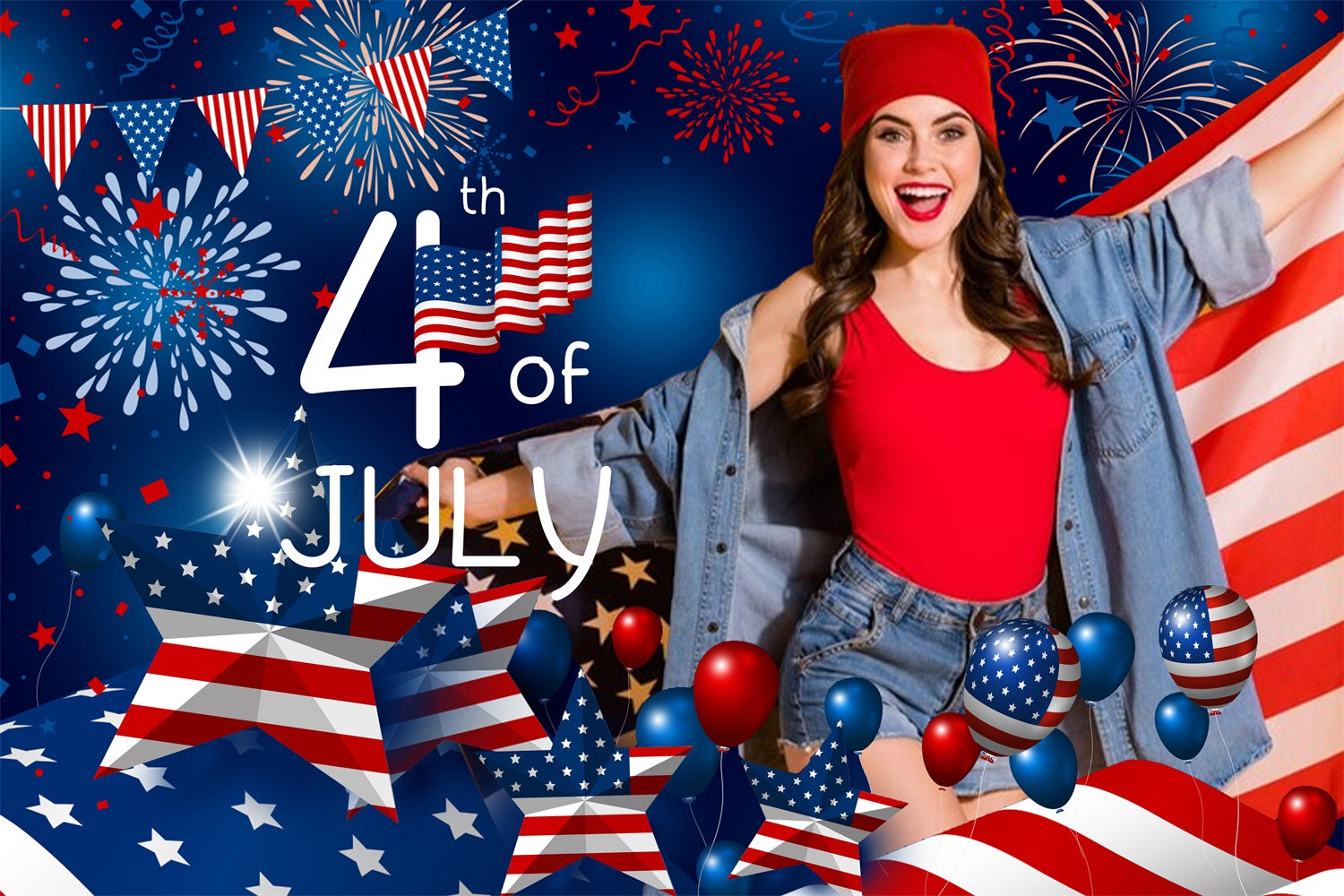 4th of July Firework Backdrop Festive Flag Balloons Custom Backdrop LXX5-80