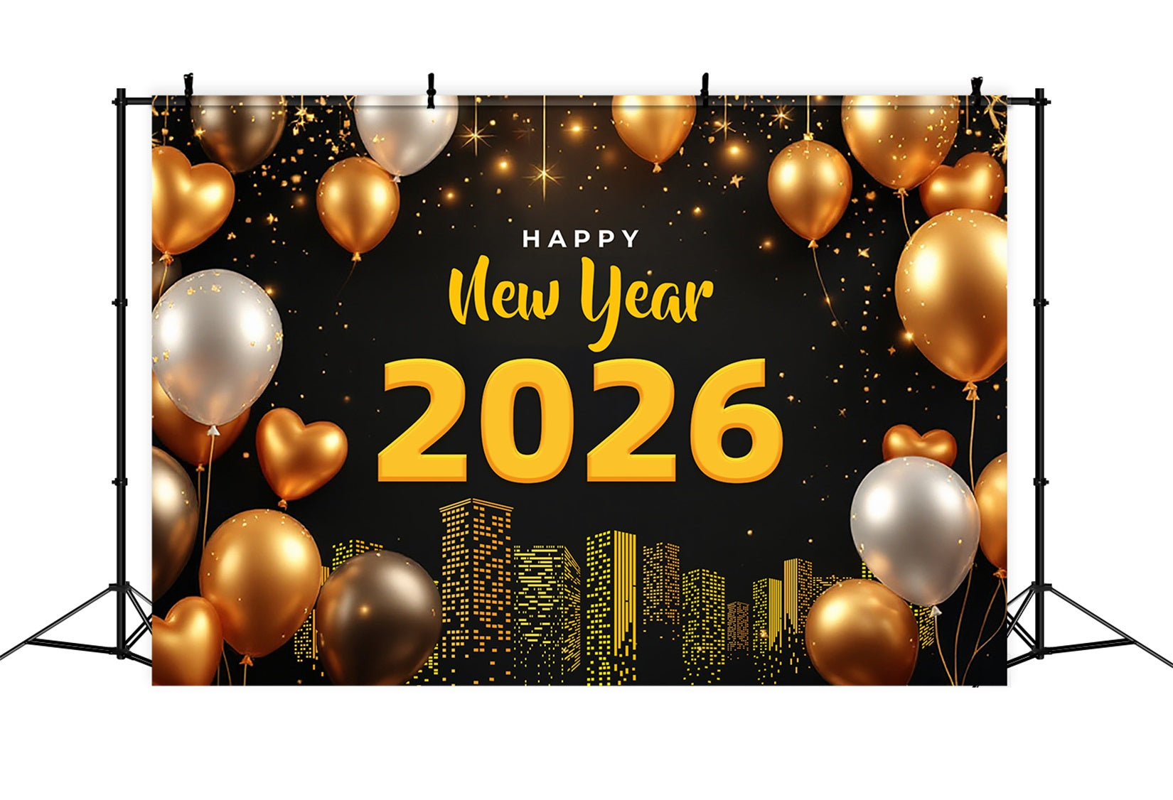 Happy New Year 2026 Backdrop Golden Balloons City Lights New Years Eve Backdrop LXX510-1