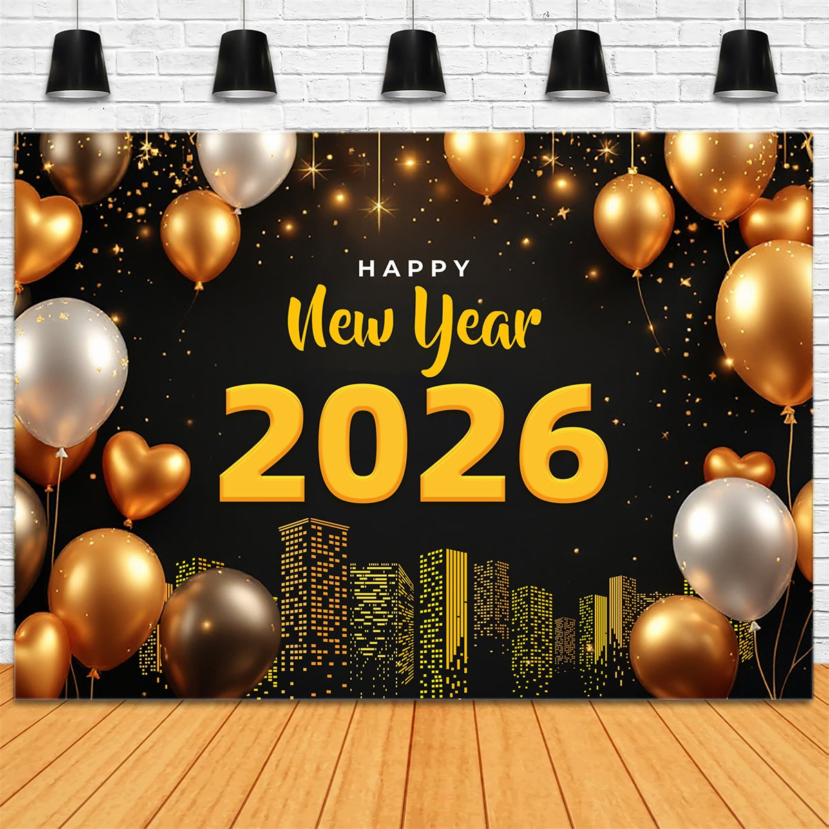 Happy New Year 2026 Backdrop Golden Balloons City Lights New Years Eve Backdrop LXX510-1