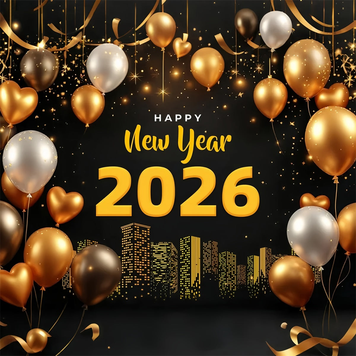 Happy New Year 2026 Backdrop Golden Balloons City Lights New Years Eve Backdrop LXX510-1