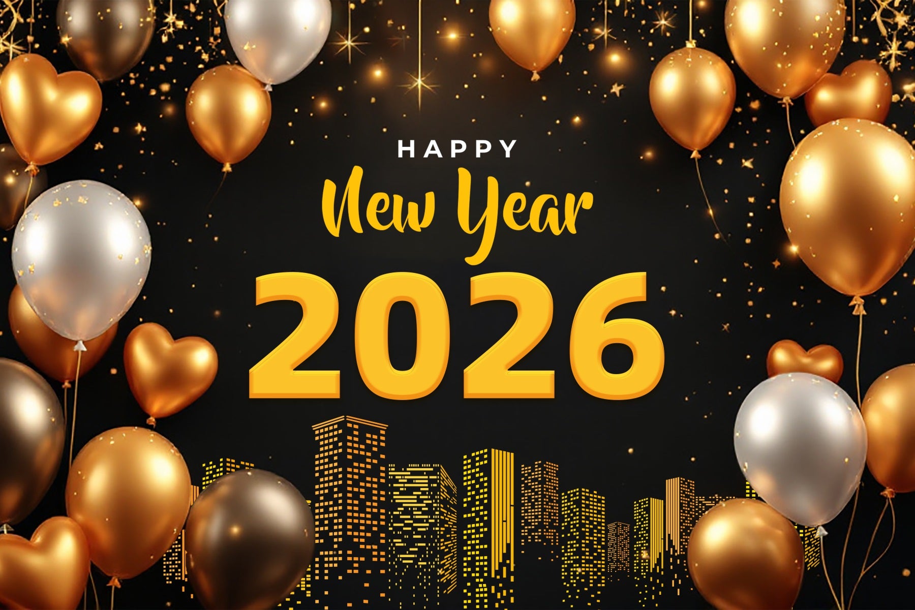Happy New Year 2026 Backdrop Golden Balloons City Lights New Years Eve Backdrop LXX510-1