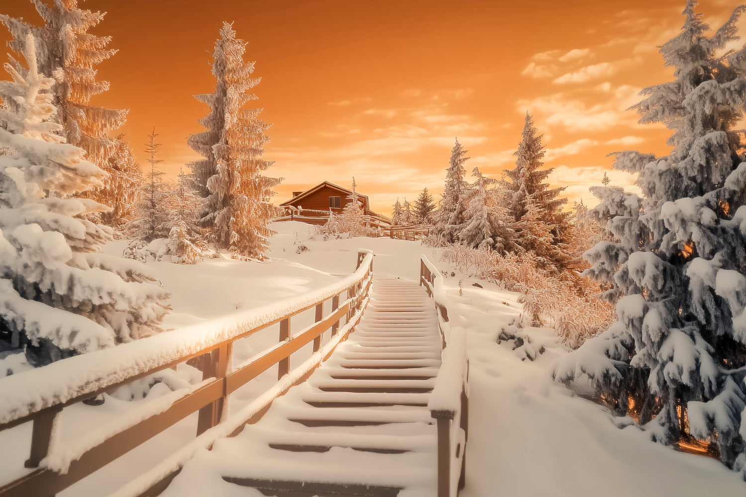 Winter Wonderland Backdrop Amber Cabin Frost Path Winter Backdrops LXX510-101