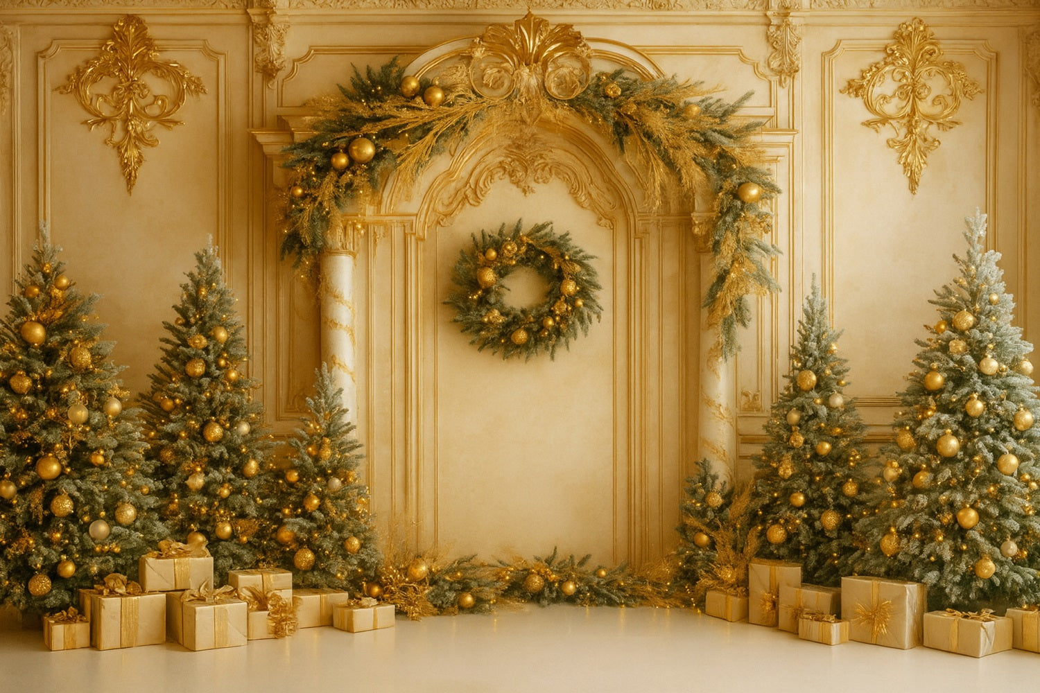 Christmas Vintage Wall Backdrop Golden Retro Wall Elegance Victorian Backdrops LXX510-109