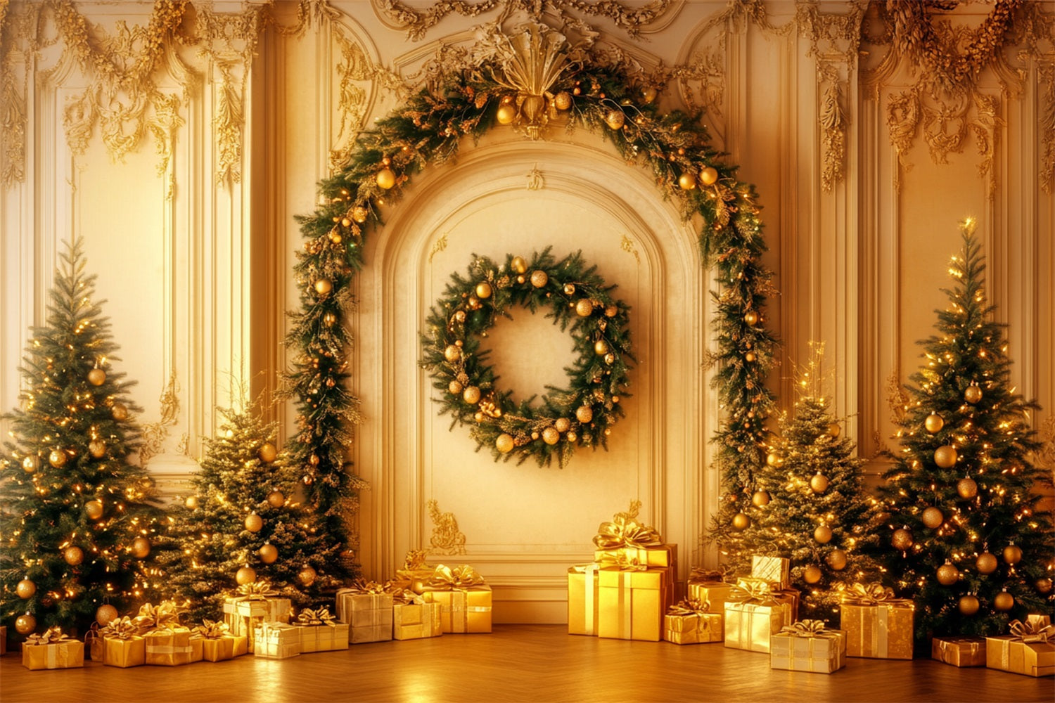 Christmas Vintage Wall Backdrop Golden Garland Elegance Victorian Backdrop LXX510-110