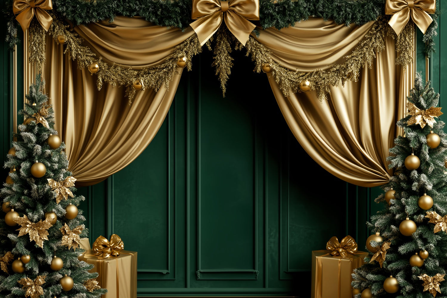Bow Backdrops Emerald Gold Festive Curtain Victorian Christmas Backdrop LXX510-111