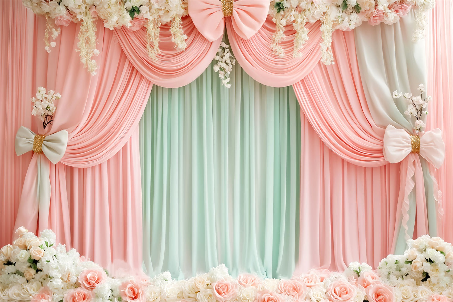 Pink Bow Backdrop Blush Mint Floral Drapery Victorian Backdrop LXX510-112