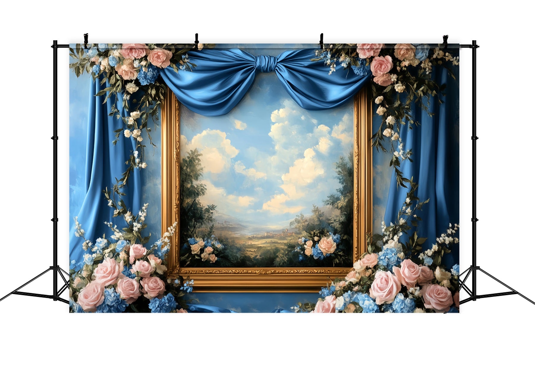 Large Bow Backdrop Blue Floral Painting Frame Victorian Photo Backdrop LXX510-117