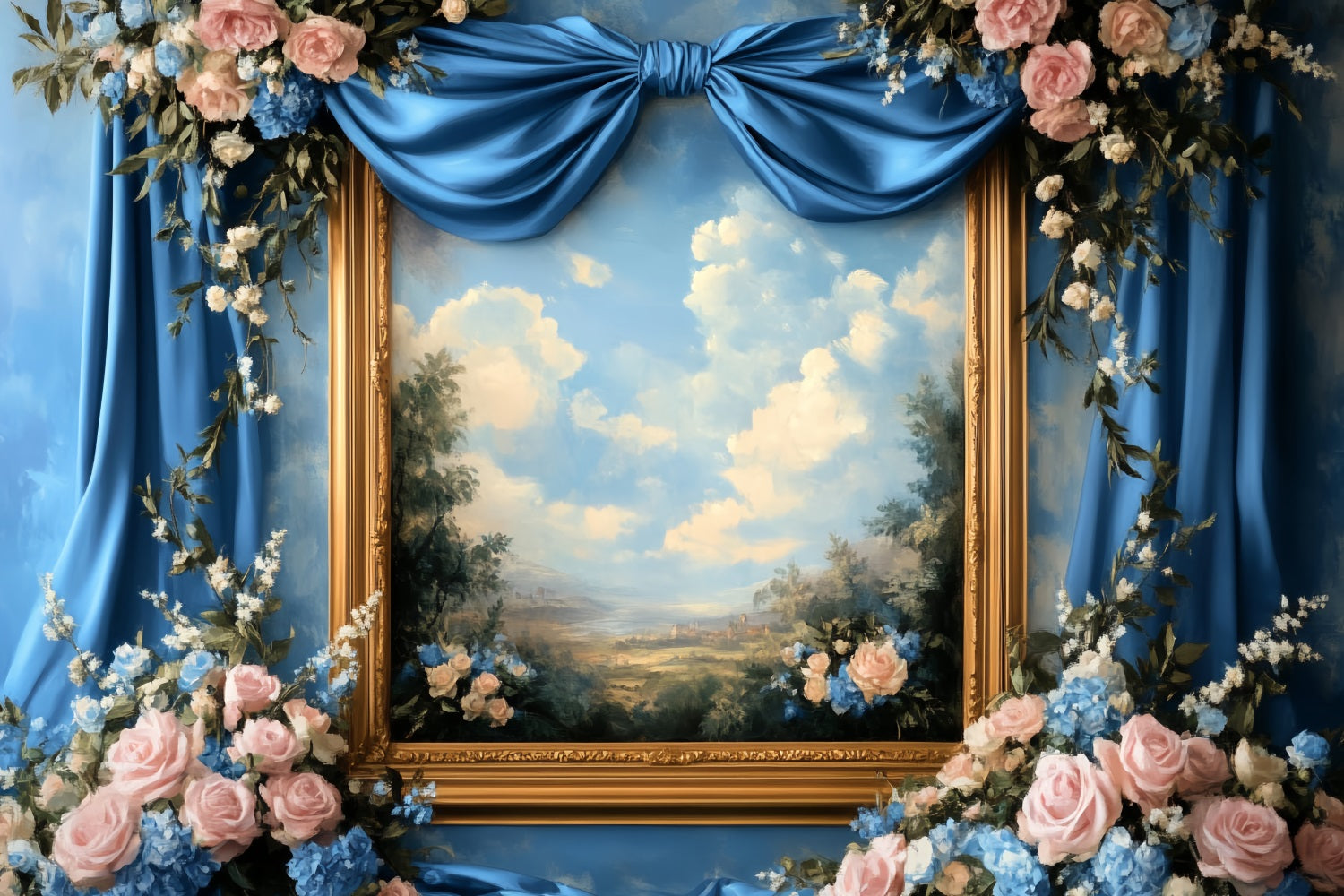 Large Bow Backdrop Blue Floral Painting Frame Victorian Photo Backdrop LXX510-117