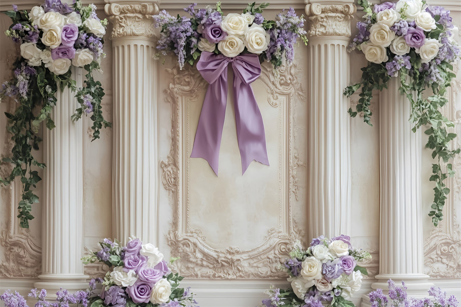Large Bow Backdrop Lavender Ivory Floral Columns Victorian Backdrop LXX510-119