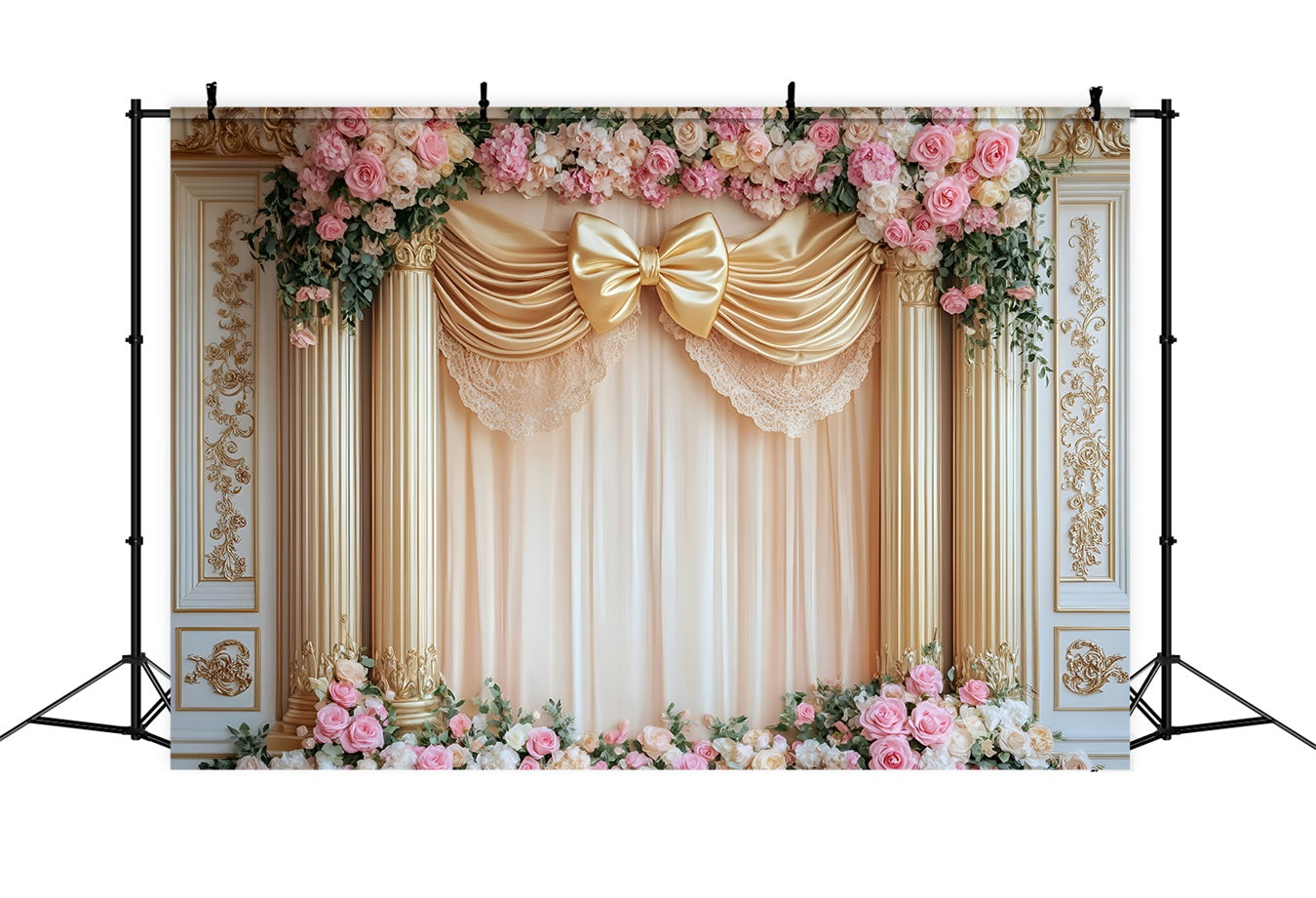 Large Bow Backdrop Golden Bow Rose Columns Victorian Photo Backdrop LXX510-120