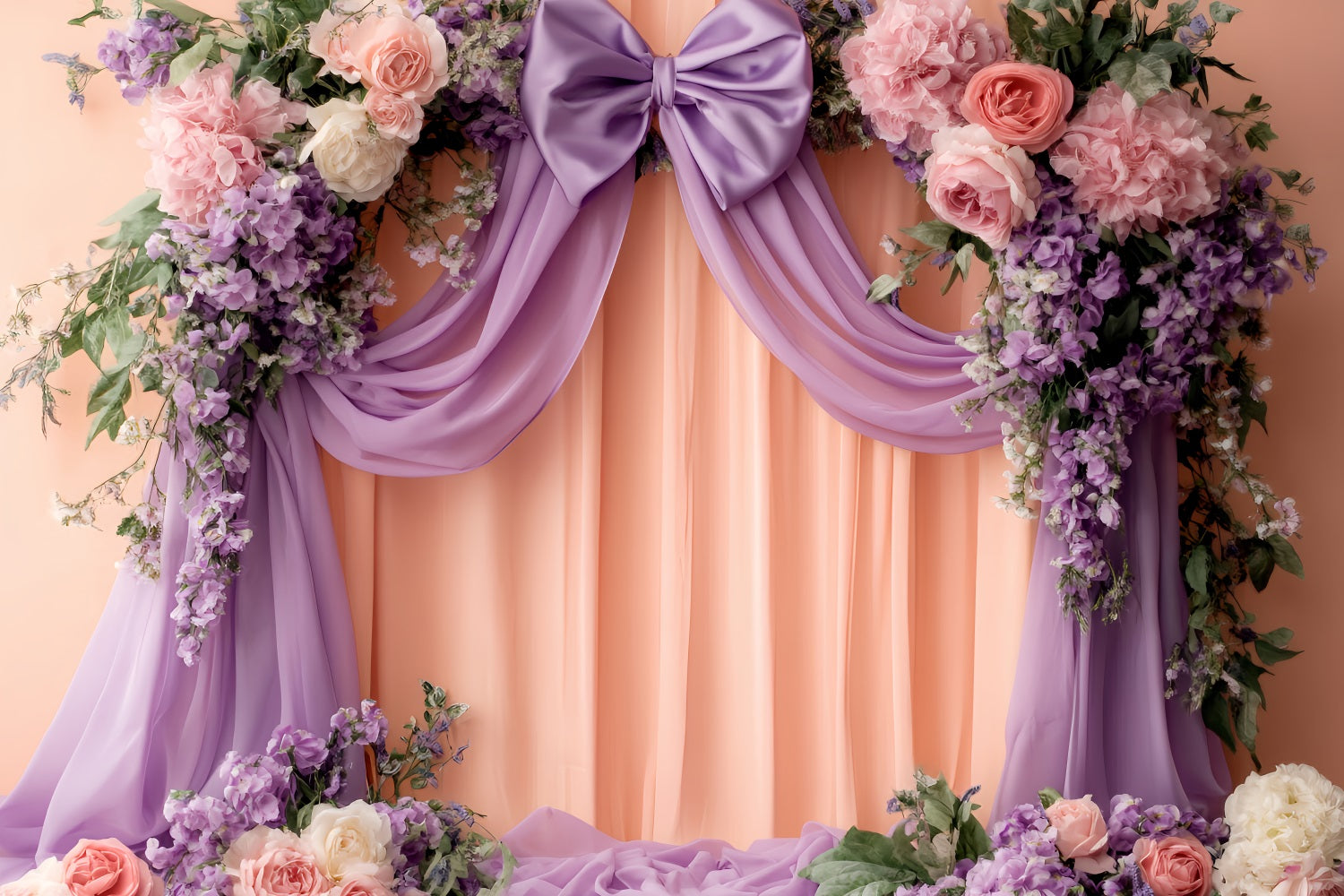 Large Bow Backdrop Lilac Peach Floral Drapery Victorian Backdrops LXX510-121