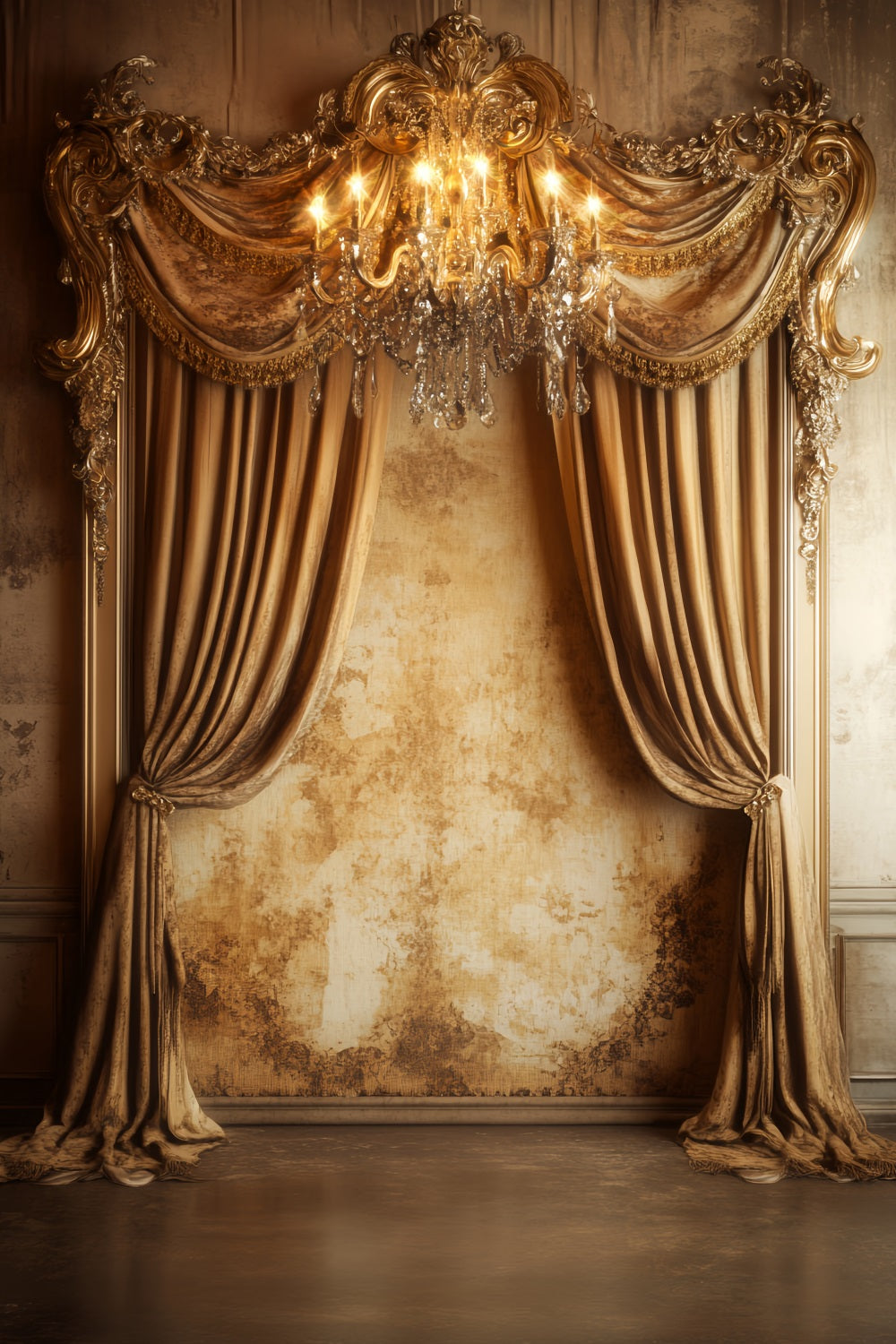 Vintage Wall Backdrop Gilded Chandelier Velvet Drapes Victorian Backdrops LXX510-129