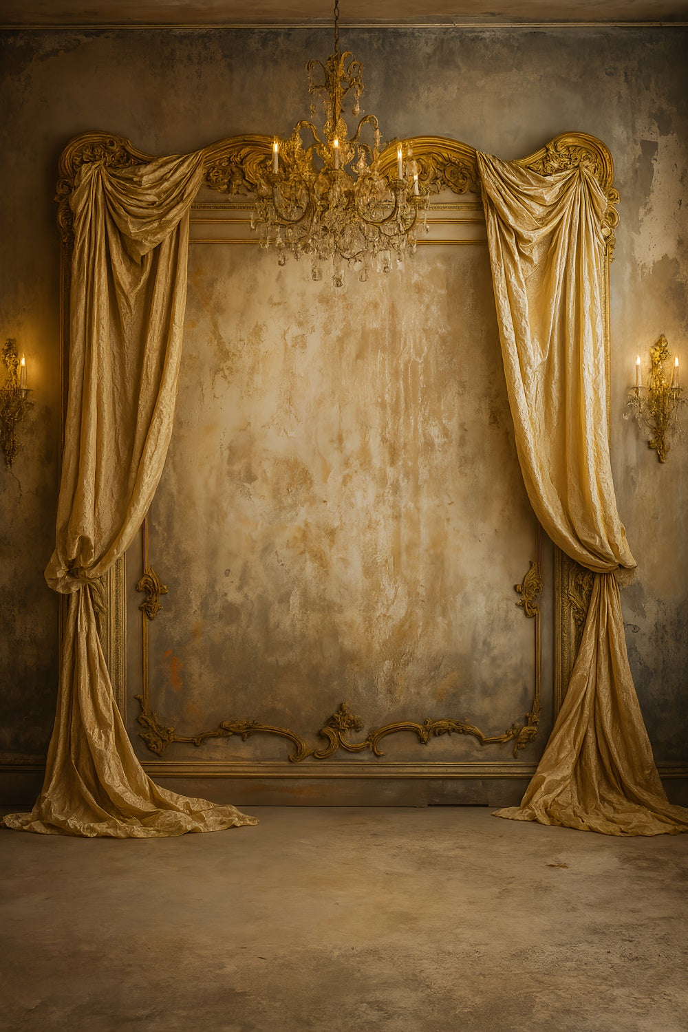 Vintage Wall Backdrop Golden Draped Chandelier Elegance Victorian Backdrop LXX510-130